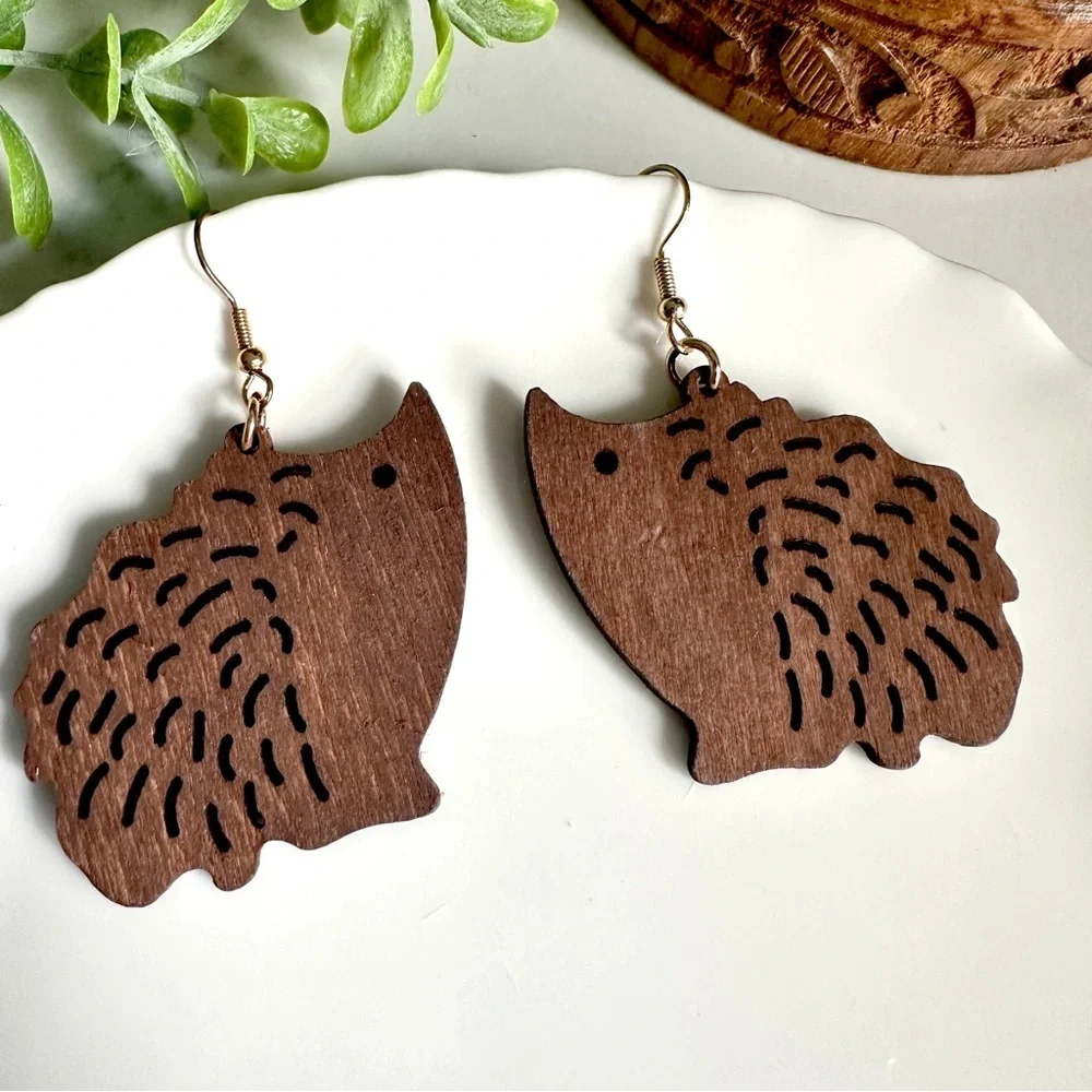 2/$30🌵 Hedgehog Dark Wood Earrings Animal Lasercut Lightweight Woodland NEW
